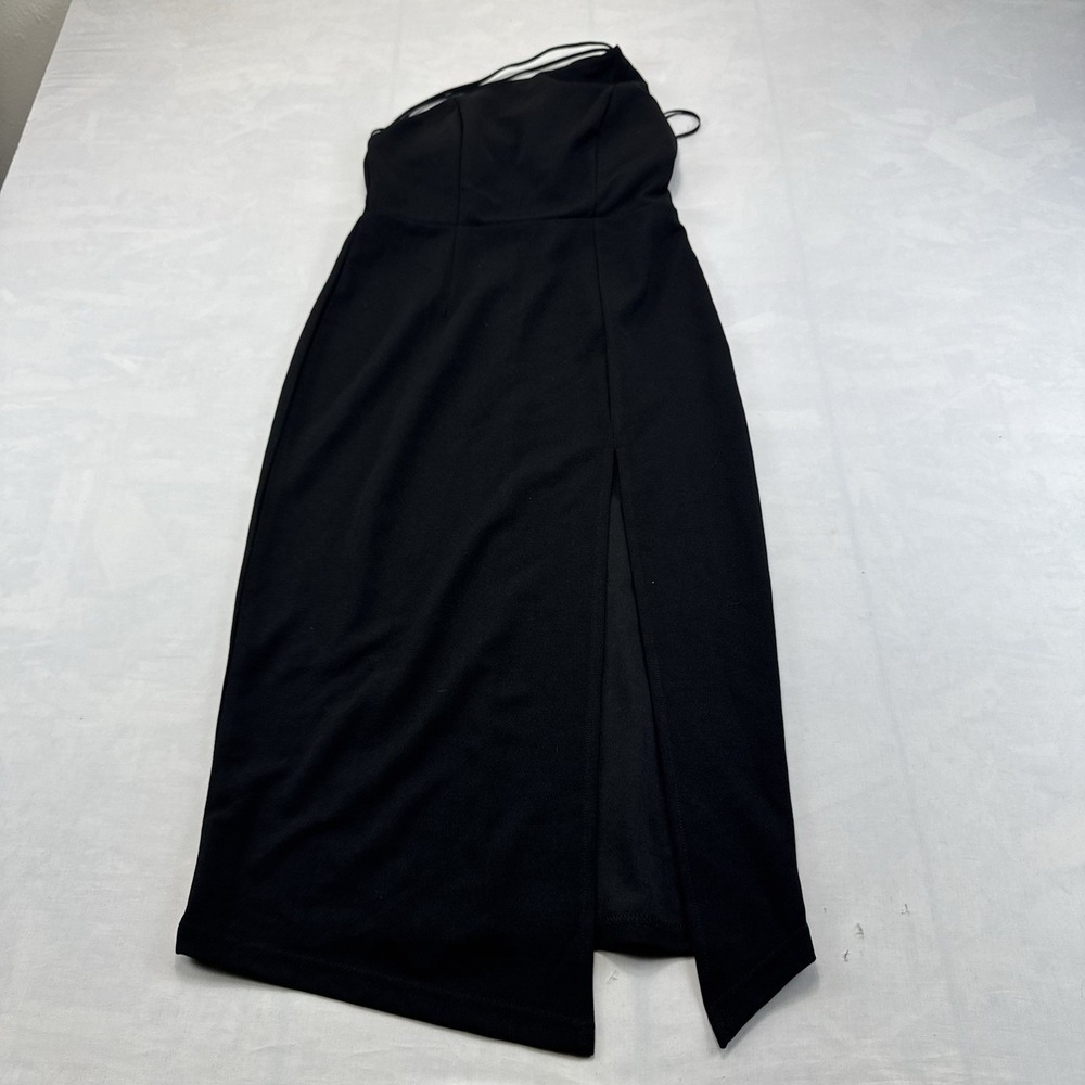 Hello Molly Womens Size 4 Black Strapless Midi Dress Side Slit Bodycon